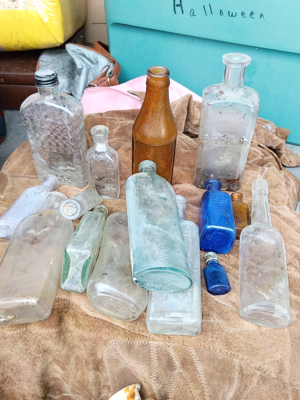 Vintage Glass Bottle Collection - Assorted Clear, Aqua, Cobalt & Amber